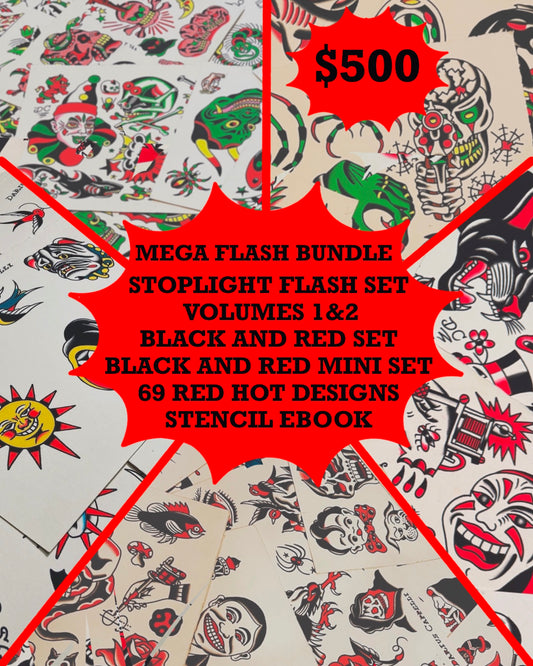 FLASH MEGABUNDLE (stoplight 1+2, black&red 2024, black&red mini set, 69 red hot designs, stencil ebook)